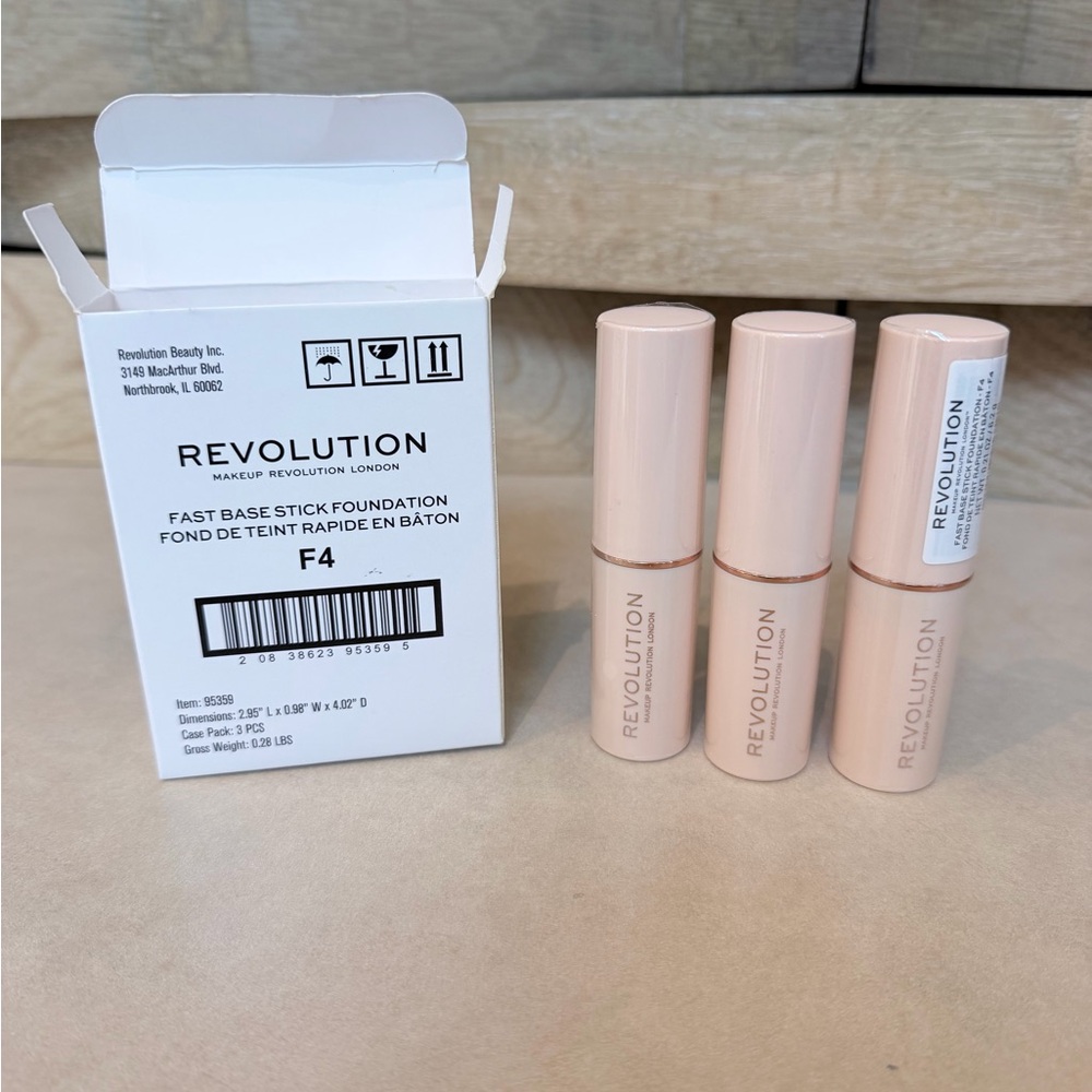Makeup Revolution Fast Base Stick Foundation in shade F4. Comes in a set of 3.